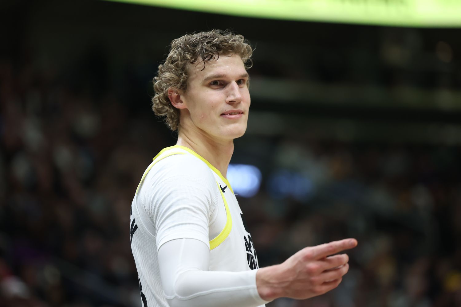 Jan 13, 2024; Salt Lake City, Utah, USA; Utah Jazz forward Lauri Markkanen (23) reacts to a call for the Los Angeles Lakers during the second quarter at Delta Center. Mandatory Credit: Rob Gray-USA TODAY Sports